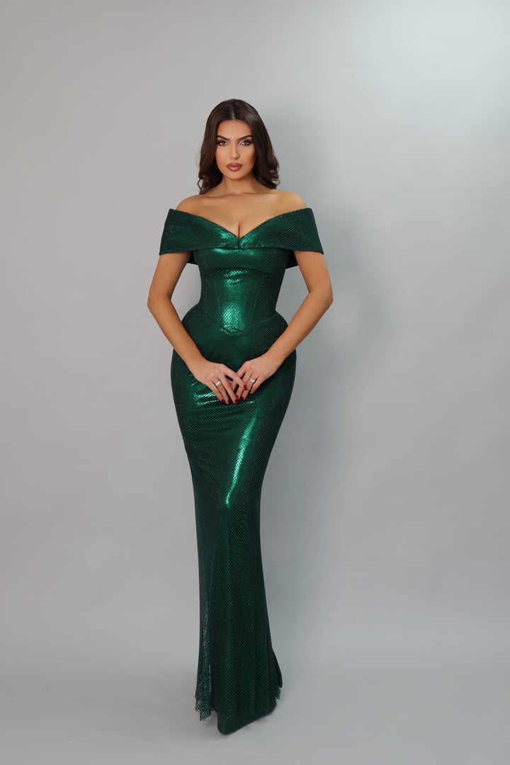 OFF-SHOULDER EMERALD GREEN SEQUIN GOWN