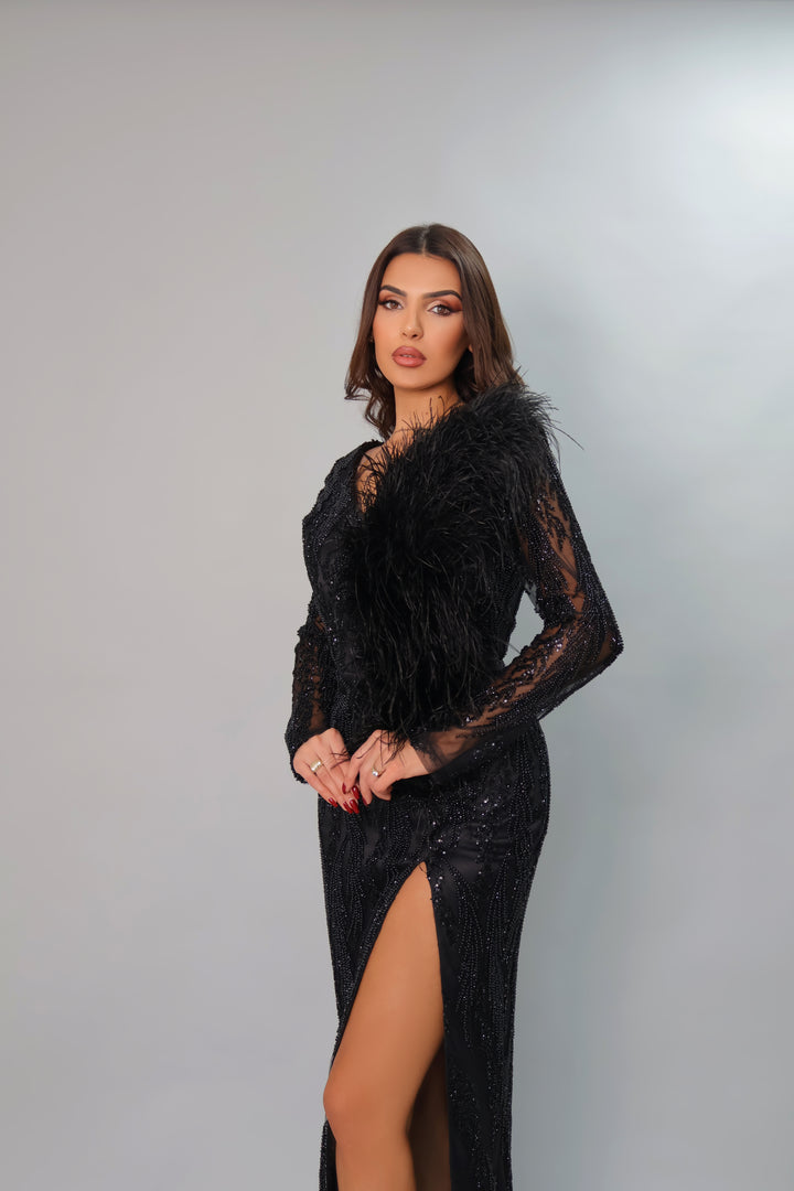 LONG SLEEVE BLACK EVENING GOWN WITH FEATHER DETAILS