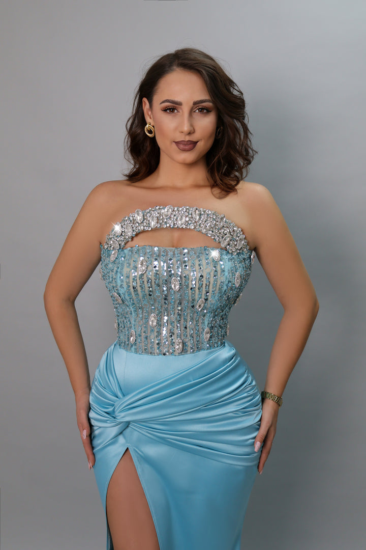 Ice Blue Sequin Corset Evening Gown with High Slit