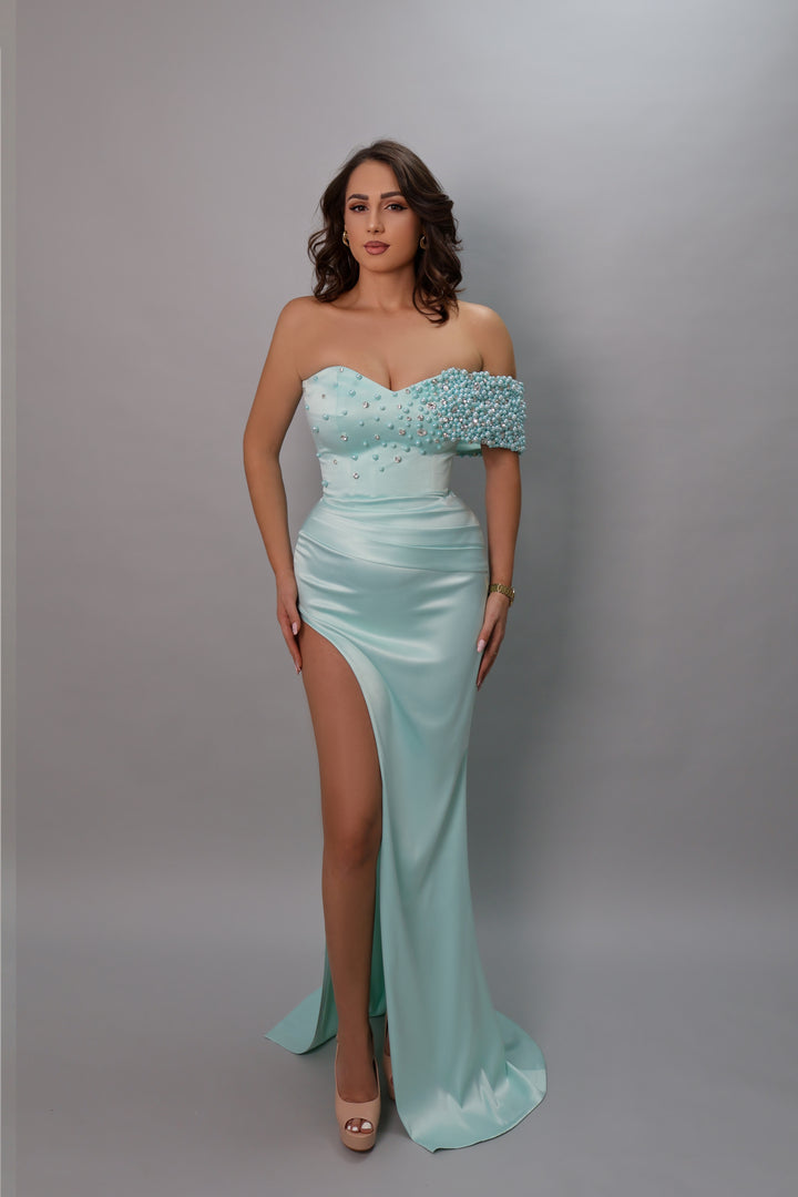 Aqua Pearl Satin Evening Gown with One-Shoulder Detail