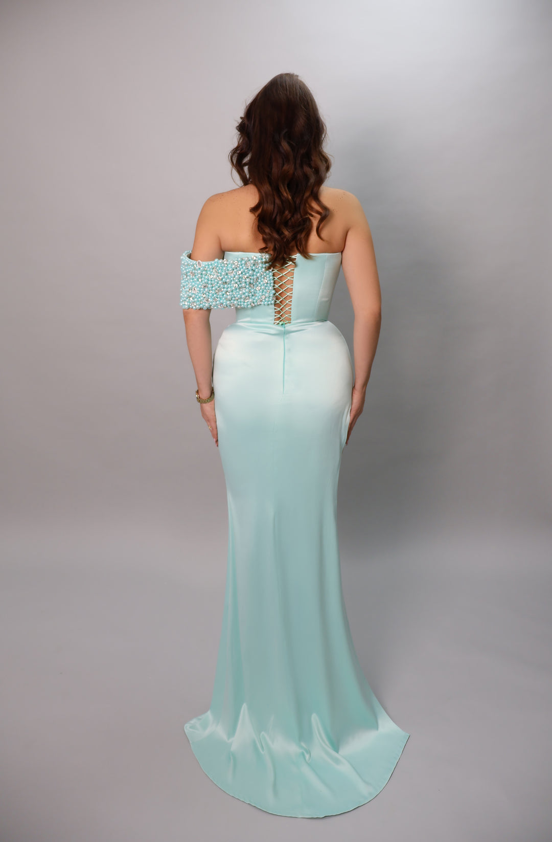 Aqua Pearl Satin Evening Gown with One-Shoulder Detail