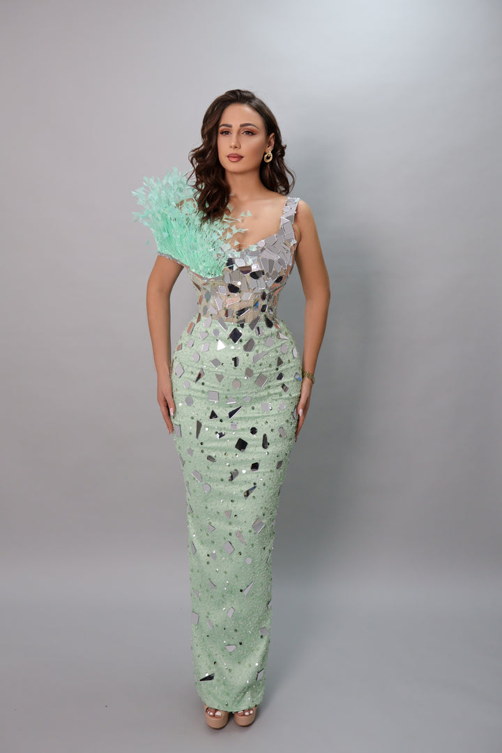 Mint Green Mirror Embellished Evening Gown
