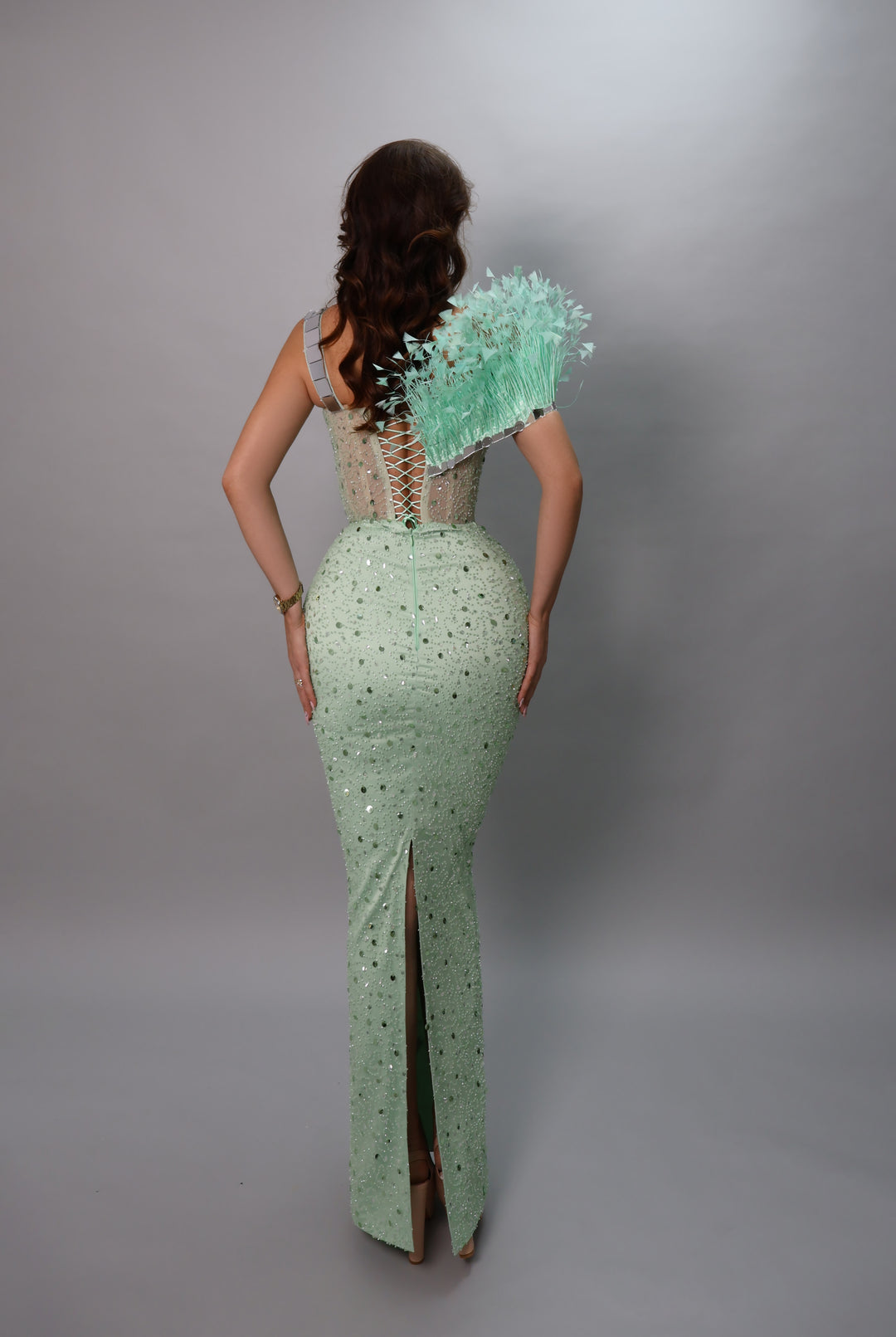 Mint Green Mirror Embellished Evening Gown