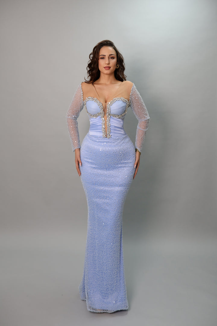 Baby Blue Crystal Embellished Evening Gown with Long Sleeves