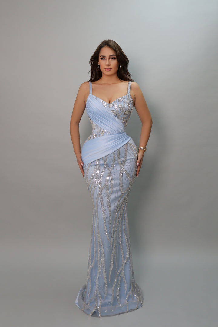 Baby Blue Beaded Evening Gown with Draped Waist & Silver Sequin Details