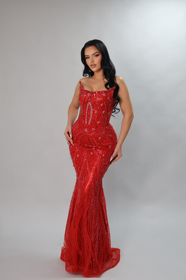 Red Crystal Evening Gown