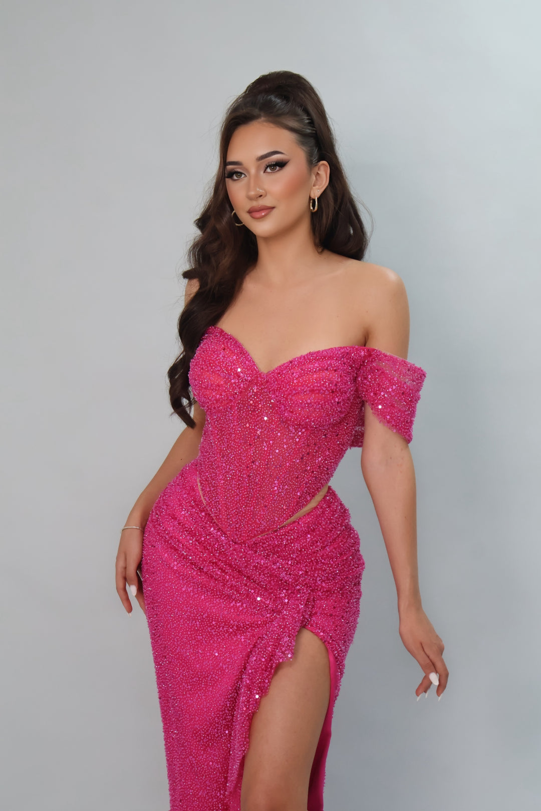 Hot Pink Sequin Prom Dress with Slit