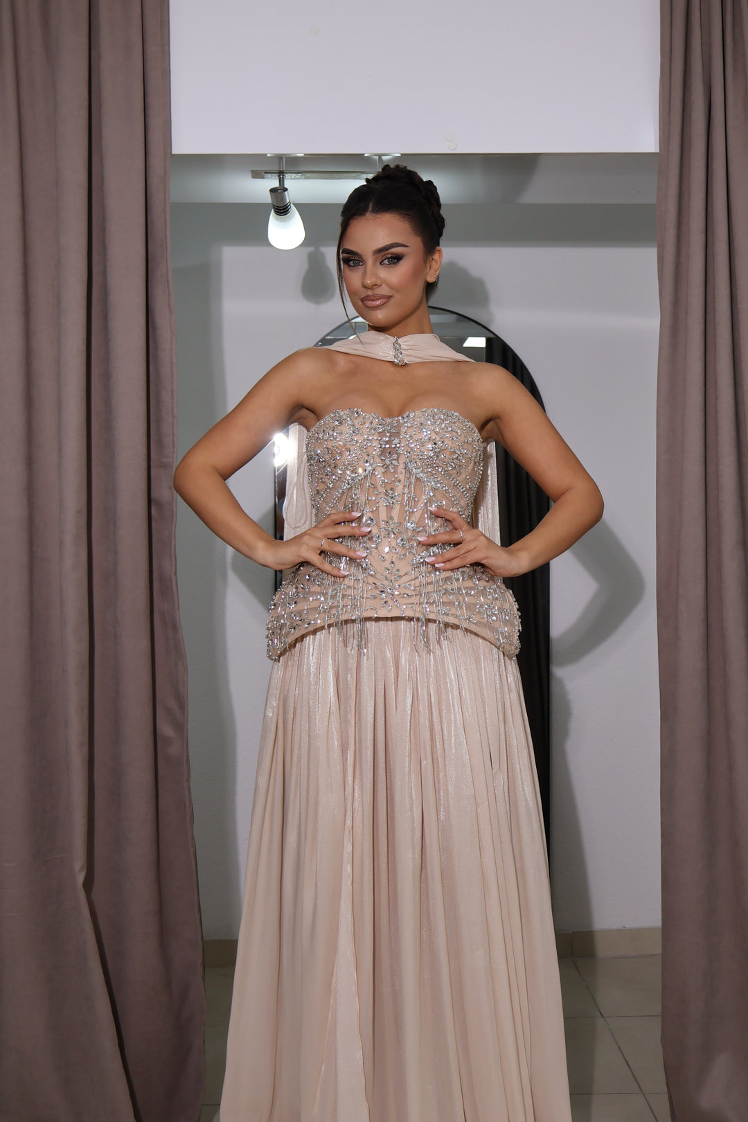 Champagne Crystal Couture Evening Gown