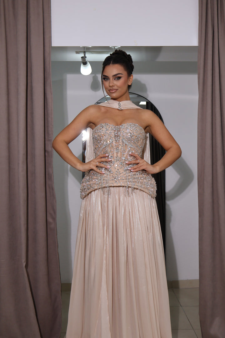 Champagne Crystal Couture Evening Gown