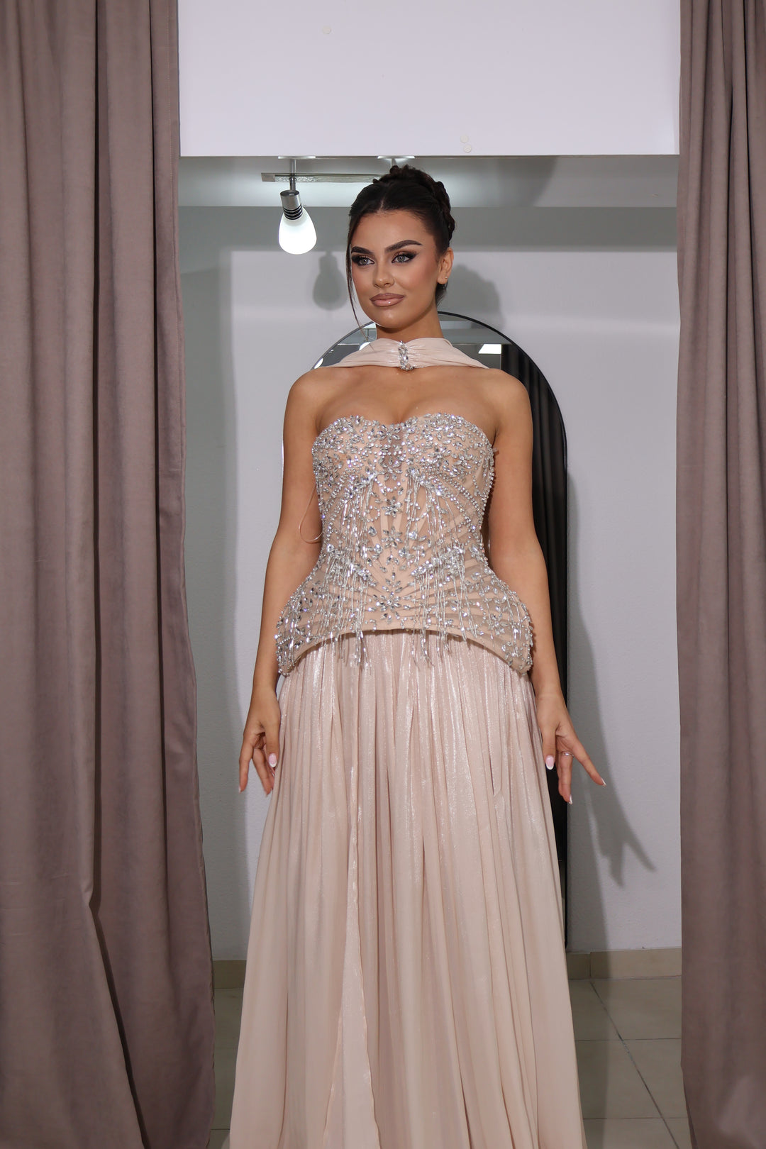 Champagne Crystal Couture Evening Gown